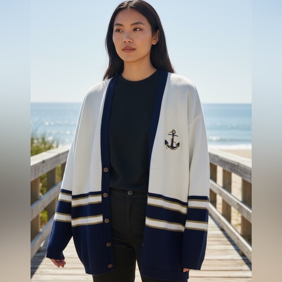 tricots Sweaters - Anchor Embroidered Women's Cardigan - Navy and White